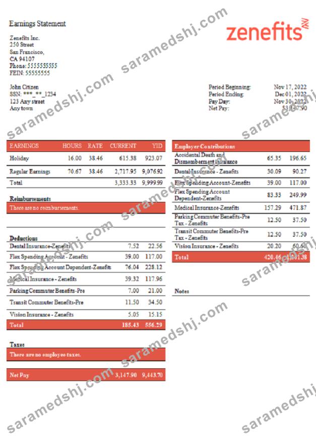 USA Zenefits technology company pay stub